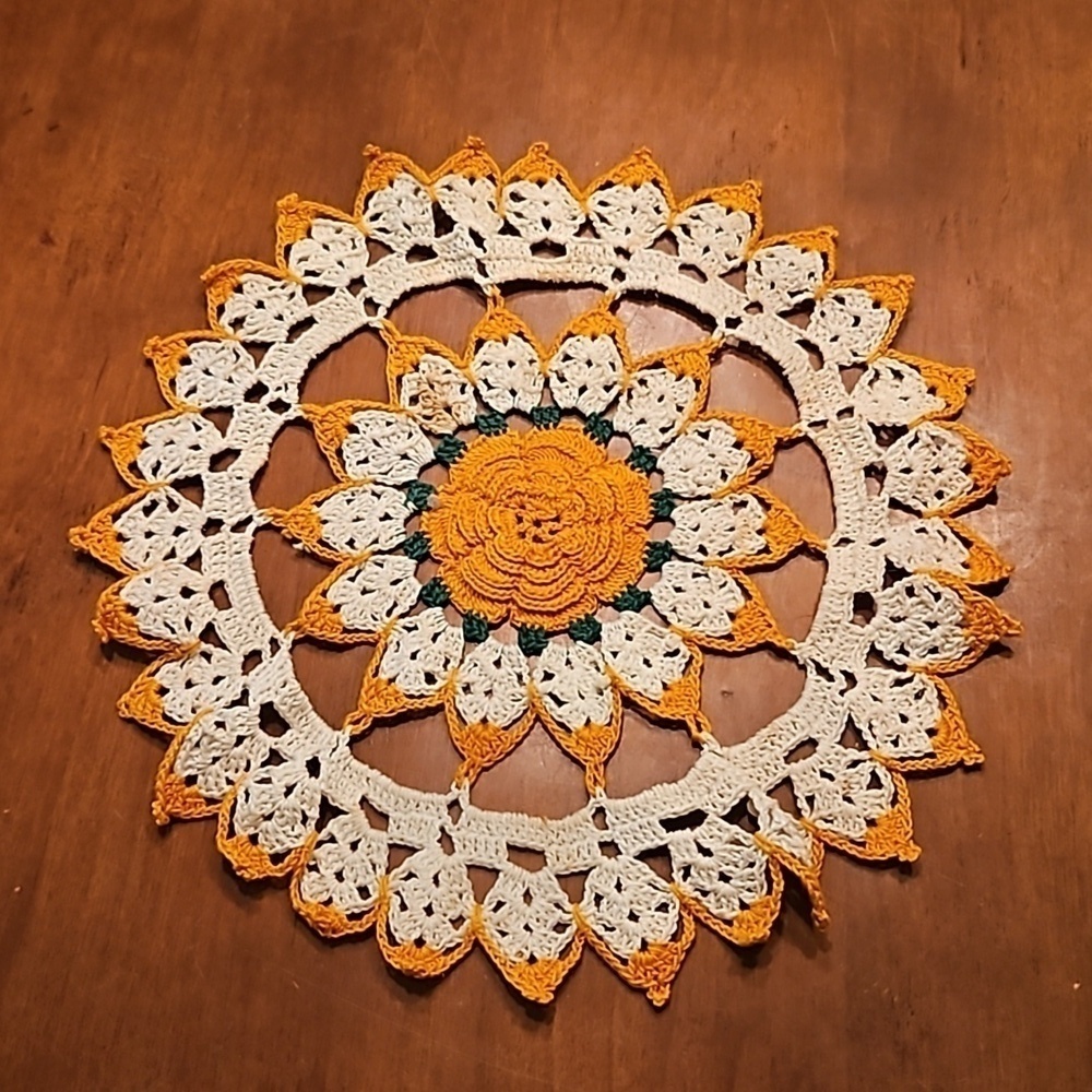 Vintage Handmade Yellow Rose Crochet Doily - Picture 2 of 5